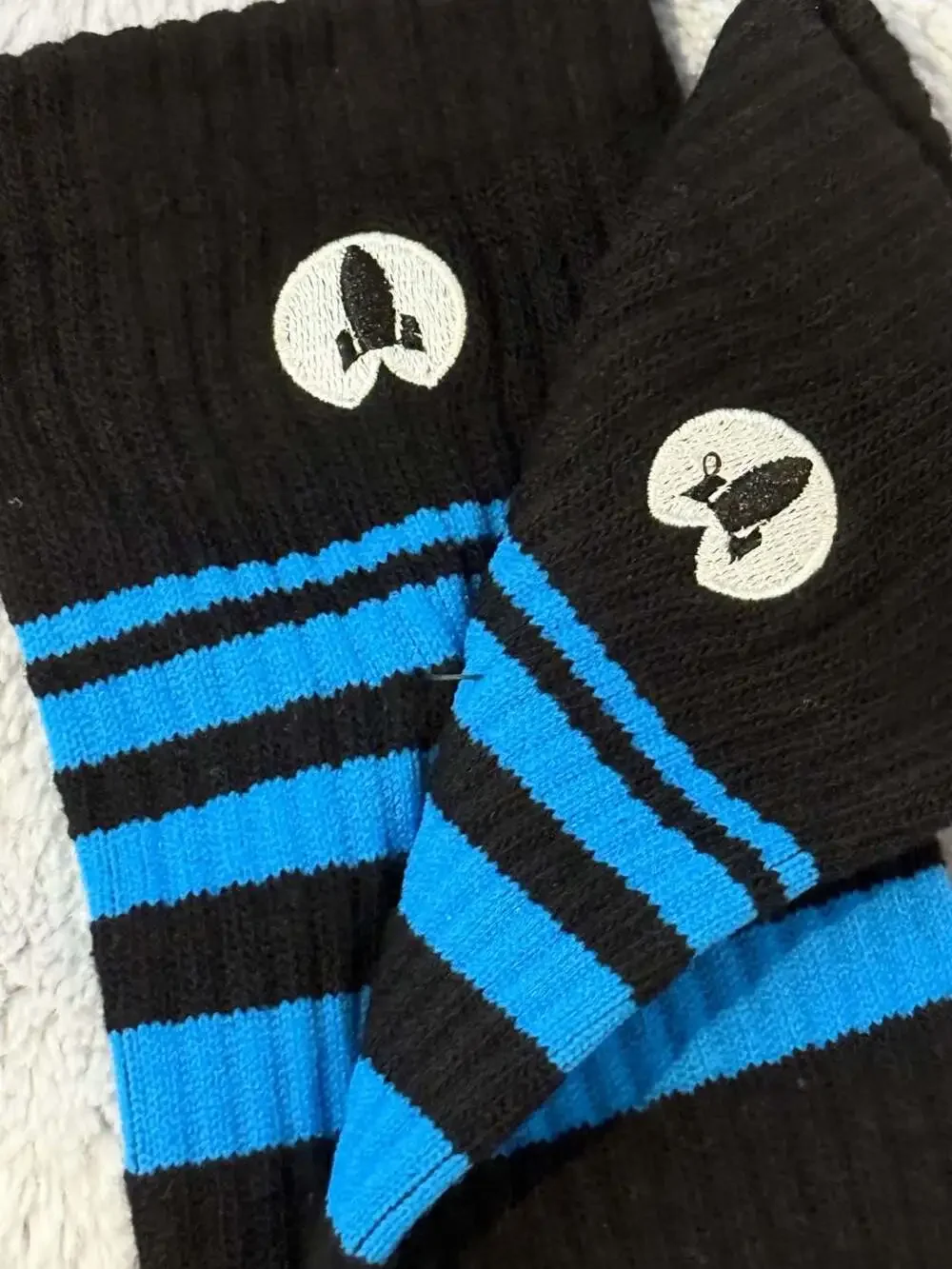 Black and Sky Blue Athletic Gym Socks with rocket embroidery